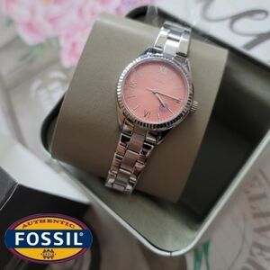 NIB! AUTHENTIC FOSSIL RYE SILVER PINK BQ3805 WOMEN'S DATE WATCH IOB